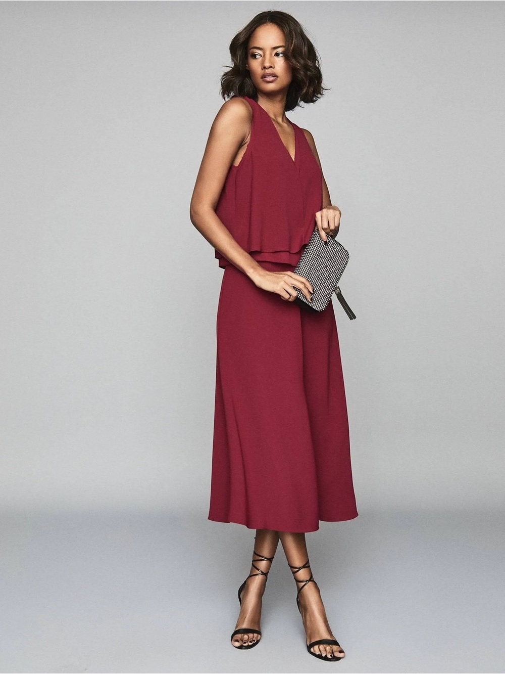 Reiss Viola Sheer Layered Midi Dress, Berry NWT women’s size 8